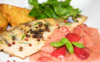 Erdbeeren an gepfeffertem Zanderfilet